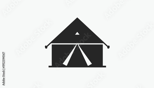 A sleek, minimalist black icon of a stylized triangular tent or basic outdoor shelter, embodying camping, adventure, and temporary housing concepts for graphic design and digital projects