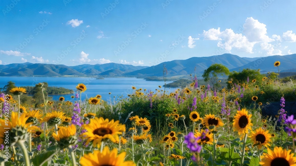Fototapeta premium Sunflowers bloom bright against a soft purple backdrop