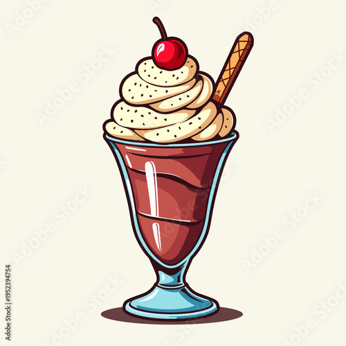 Delicious ice cream sundae illustration in a glass bowl with a cherry on top for dessert cafe menus sweet summer treats and colorful sweet food graphics.