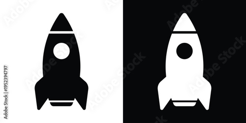 Sleek vertical rocket ship vector icon in black and white. Symbolizes startup growth, product launch, space exploration, and innovation. Clean flat design for apps, logos, and business concepts.