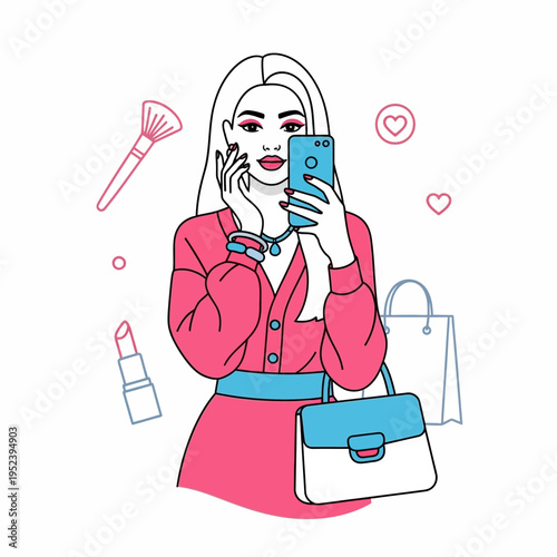 Fashionable woman taking selfie with smartphone, makeup, handbag, shopping bag, illustration style