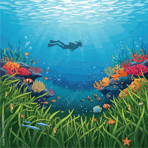 Scuba diver exploring coral reef ecosystem.