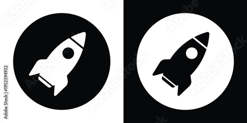 Rocket with exhaust flame enclosed in circular badges. Inverted black and white designs representing power, rapid deployment, and success. Perfect for marketing, tech logos, and web buttons.