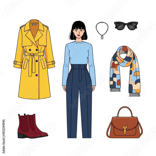 Fashionable Woman's Outfit Flat Lay: Trench Coat, Scarf, Handbag, Boots & Accessories