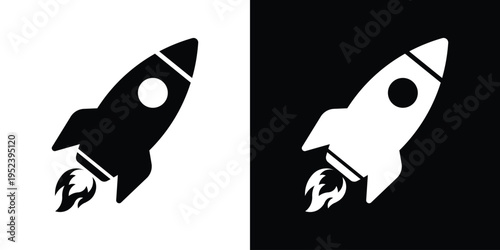 Angled rocket ship icon showing motion and takeoff. High-contrast black and white graphic for technology startups, speed, and progress. Professional vector asset for modern web and print media.