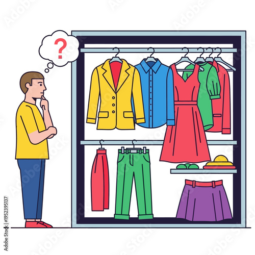Man confused deciding outfit from colorful wardrobe, choosing clothes dilemma