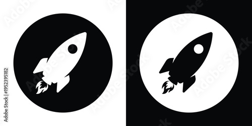Rocket with exhaust flame enclosed in circular badges. Inverted black and white designs representing power, rapid deployment, and success. Perfect for marketing, tech logos, and web buttons.