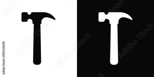 Classic claw hammer icon in high-contrast black and white. Essential tool graphic for home improvement, carpentry, remodeling, and construction services. Clean, recognizable flat vector style.