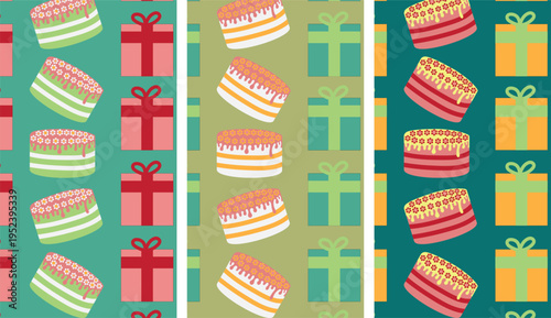 Seamless abstract festive pattern with cake and gift box shapes in retro vibrant color palette of red green yellow and teal, modern minimal vector style