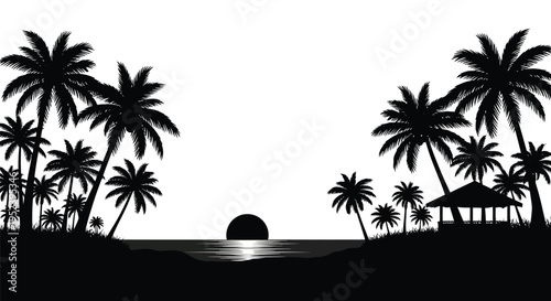 Tropical palm trees and ocean view in a striking black silhouette