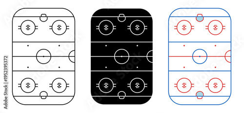 Minimal ice hockey rink vector set in top view. Includes outline, black, and colored versions. Clean and scalable design for sports, apps, and graphic projects.