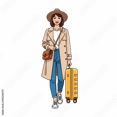 Stylish Woman with Hat and Suitcase Traveling, Fashionable Tourist on White Background