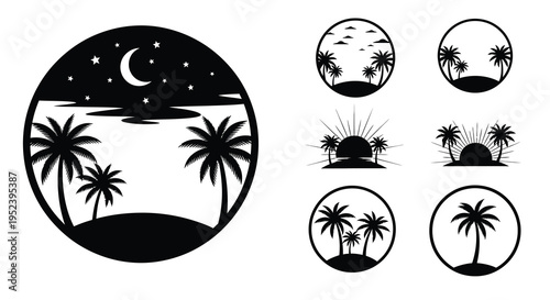 Tropical beach scenes with palm trees and a starry night silhouette