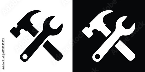 Minimalist crossed hammer and wrench tools icon. High-contrast black and white graphic for construction, repair service, home maintenance, and DIY renovation branding.