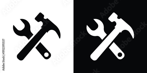 Minimalist crossed hammer and wrench tools icon. High-contrast black and white graphic for construction, repair service, home maintenance, and DIY renovation branding.