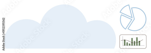 Cloud computing, data storage, analytics, technology, business intelligence, information management. Large cloud shape with pie chart and bar graph elements. Cloud computing and data storage concept