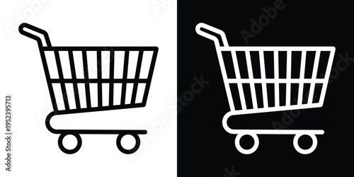 Classic outline shopping cart vector icon. Clean black and white design for retail websites, grocery apps, e-commerce stores, and digital consumer experience interfaces.