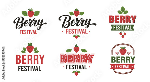 Berry festival logo badge collection with strawberries, cherries, leaves, colorful fonts, fruity branding graphics, natural celebration design, event identity style, flat vector illustration