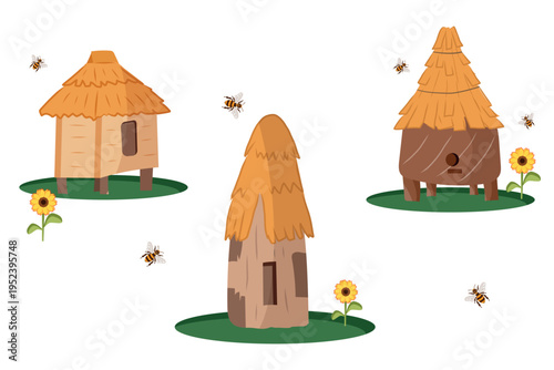 Beehives with bees and sunflowers vector illustration, cartoon apiary scene for World Bee Day, nature ecology concept