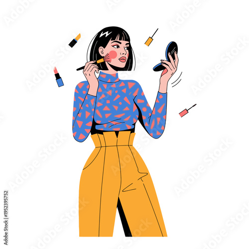 Woman Applying Makeup with Mirror and Cosmetics, Fashionable Style, Illustration
