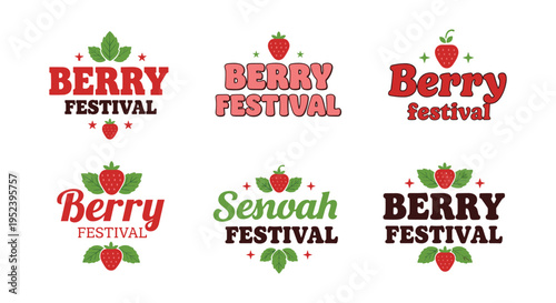 Berry festival logo typography collection with strawberries, leaves, stars, colorful fonts, fruity branding graphics, natural celebration design, event badge style, flat vector illustration