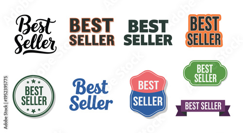 Best seller logo typography collection with bold fonts, badge emblems, ribbons, stars, colorful lettering, product branding graphics, marketing highlight design, flat vector illustration
