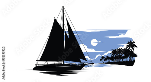 Sailing boat at sunset with tropical island a striking silhouette