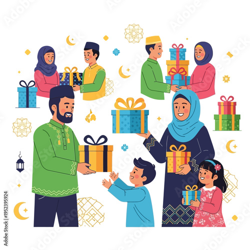 Muslim Family Exchanging Gifts During Eid Celebration, Flat Design
