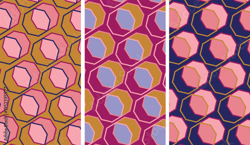 Seamless abstract geometric polygon pattern with irregular shapes in retro vibrant color palette of pink purple orange and navy, modern minimal vector style