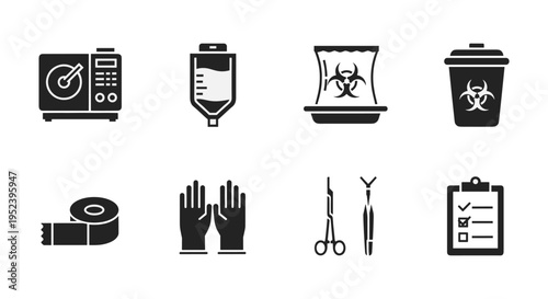 Medical healthcare icon set, eight black and white graphics showing sterilization, safety, hygiene tools and hospital procedure design