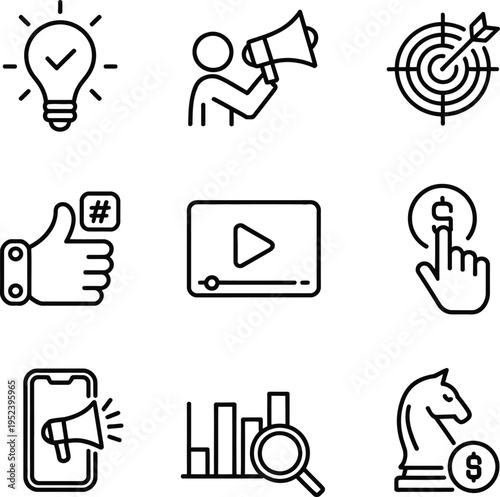 Digital Marketing and Business Strategy Icon Set. Social Media, Advertising. Vector Illustration 