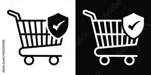 Shopping cart icon with a shield and checkmark symbol. Concept for secure online shopping, buyer protection, verified purchase, and e-commerce safety. Vector graphic.