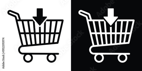 E-commerce shopping cart icon with a downward pointing arrow. Graphic symbol for adding items to a basket, online retail orders, and consumer purchasing process. Vector set.