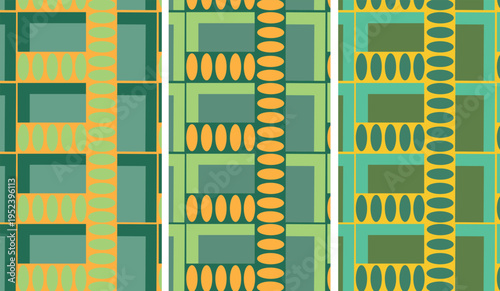 Seamless geometric pattern with rectangular frames and oval accents in retro palette, repeating composition in green teal mustard and orange tones