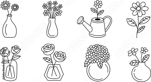 Flower arrangement illustration set, botanical artwork collection, floral vase and container design inspiration, decorative flower silhouette artwork
