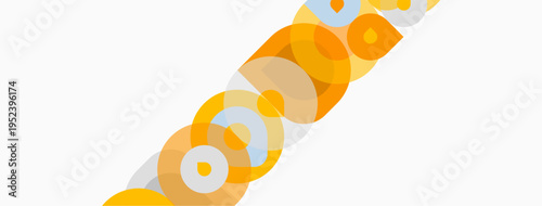 Abstract design features overlapping orange circles, creating dynamic visual texture. Light background enhances shapes.