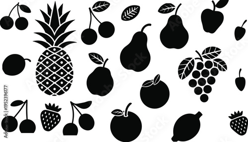 Fruit silhouette illustration set, food and nutrition artwork, healthy eating design inspiration, decorative fruit and leaf collection