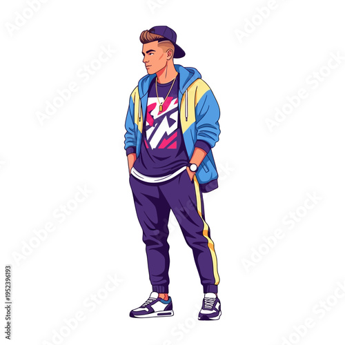 Young Man in Trendy 90s Hip Hop Fashion, Streetwear Style, Full Body Portrait