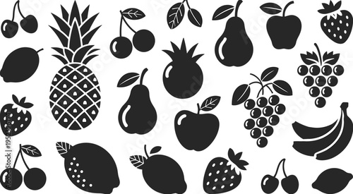 Fruit silhouette illustration set, food and nutrition artwork, healthy eating design inspiration, decorative fruit symbol collection