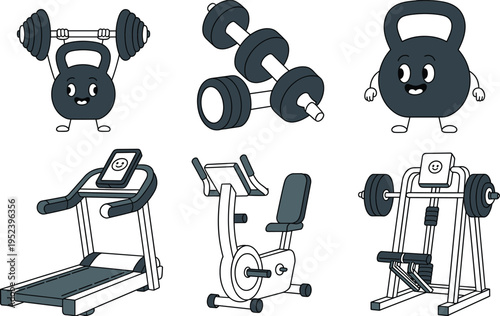 Gym equipment cartoon illustration set, fitness and workout artwork, exercise machine design inspiration, playful fitness gear collection