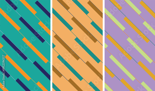 Seamless abstract pattern with diagonal rectangular bars in retro color palette, repeating composition in teal orange beige purple and green tones