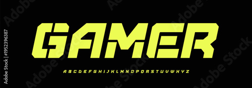 Athlete Alphabet Modern Stencil Font on Black Background. Bold Slanted Letters for Active Powerful Sport, Gym, Racing Car, Motorsport Poster Typography, Game Logo, Technology Design. Vector typeset.