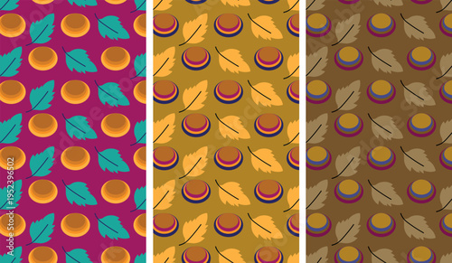 Seamless abstract pattern with stylized leaves and circular elements in retro color palette, repeating composition in teal mustard brown and orange tones