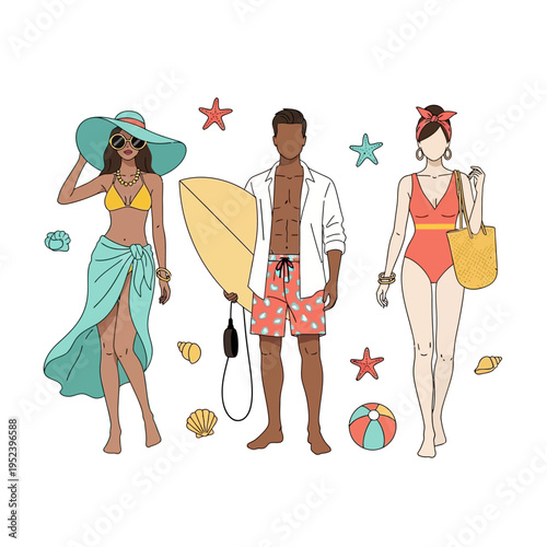 Diverse Beach Fashion Models: Summer Vacation Style with Surfboard & Accessories