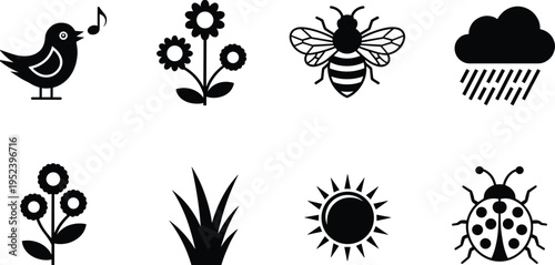 Nature silhouette illustration set, springtime artwork collection, seasonal design inspiration, decorative outdoor symbol and icon set