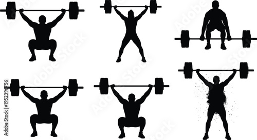 Olympic weightlifting silhouette illustration set, strength training artwork, barbell exercise design inspiration, dynamic lifter pose collection