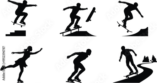 Skating silhouette illustration set, skateboarding and roller sports artwork, ice skating design inspiration, dynamic skater pose collection