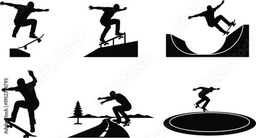 Skateboarding silhouette illustration set, extreme sports artwork, dynamic trick design inspiration, urban skate culture icon collection