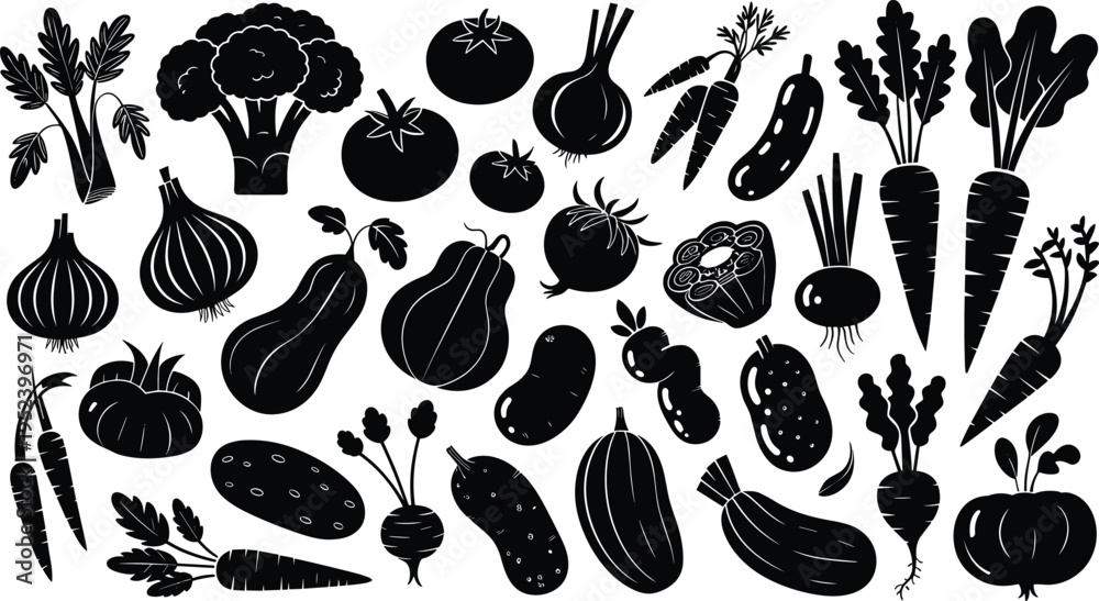 Obraz premium Vegetable silhouette illustration set, food and nutrition artwork, healthy eating design inspiration, decorative vegetable symbol collection