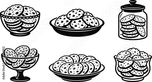 Oatmeal Cookies Glass Bowl Silhouette Vector Set | Baked Snack Dessert Food Icon Collection Black Isolated on White